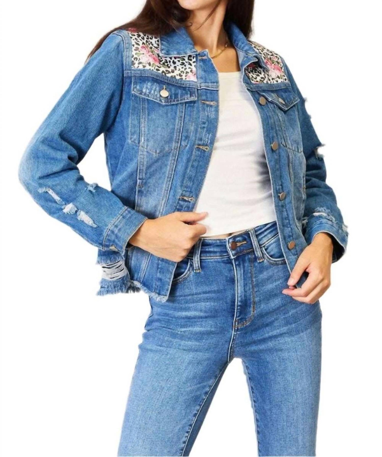 Double Take - Leopard Floral Distressed Jacket
