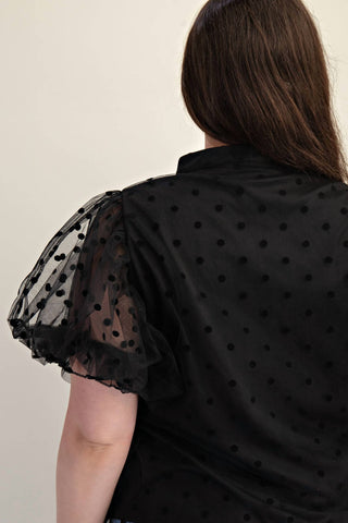 The Curve La - Plus Size Dot Mesh Knit Shirt With Puff Sleeve