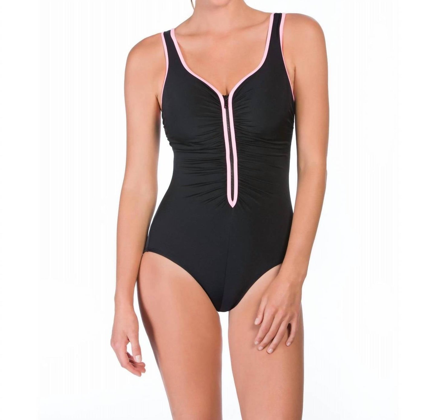 Reebok - Zip Tide Outline Shirred Zipper Front Scoop Neck One Piece Swimsuit