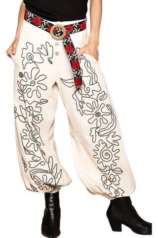 Pol - Floral Embroidered Pattern Solid Twill Pants