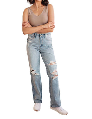 Judy Blue - High Rise Rigid Magic Destroyed Straight Jeans