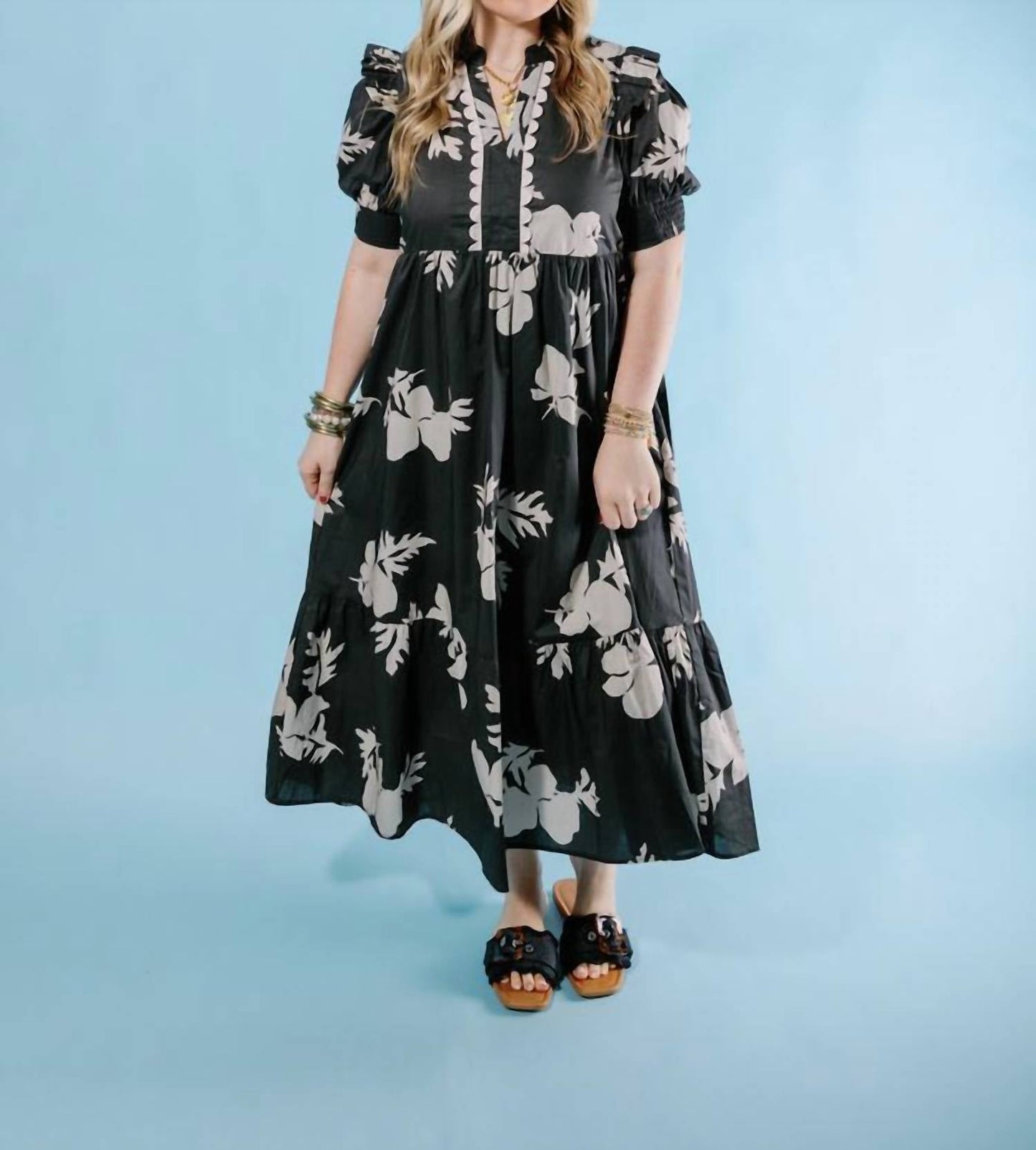 Entro - Floral Midi Dress With Scallop Detail