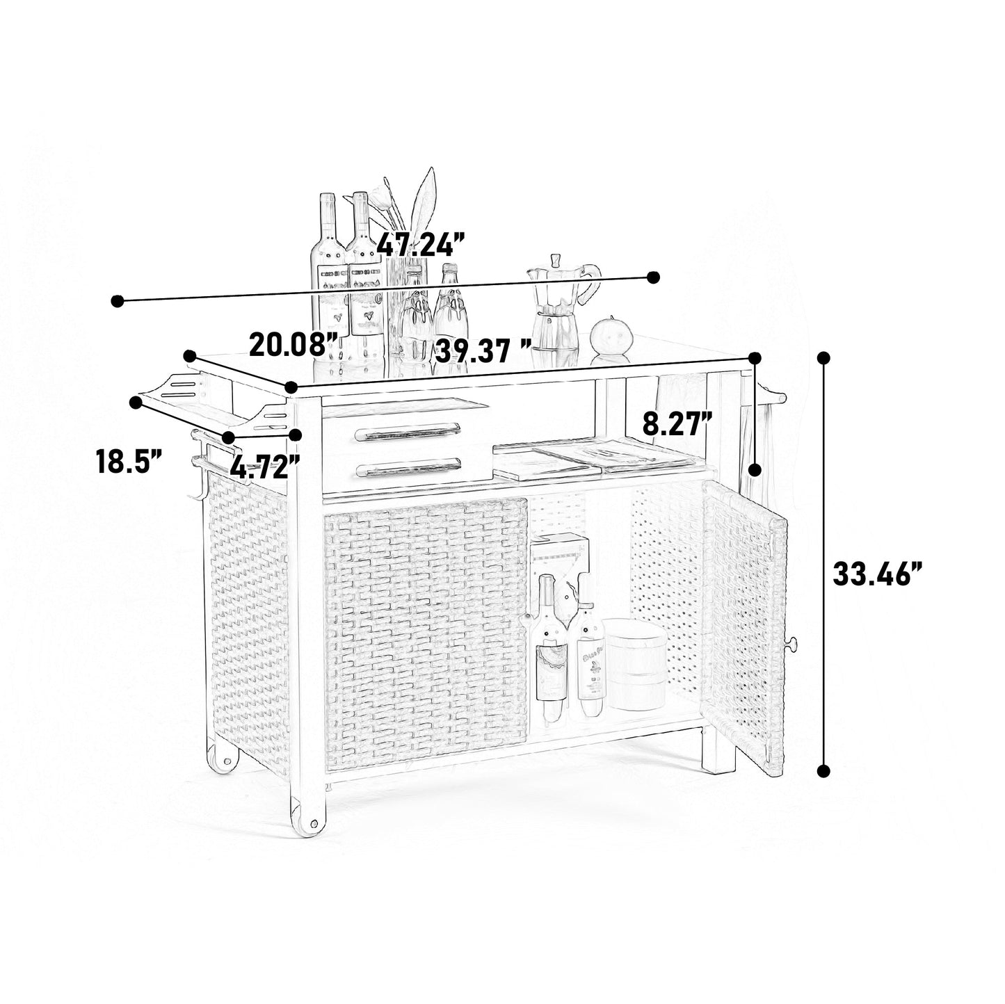 Outdoor Kitchen Wicker Island Rolling Cart & Storage Cabinet Brown