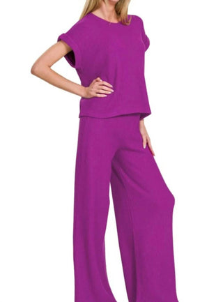 Trendsi - Zenana Rolled Sleeve Top and Pants Sweater Set