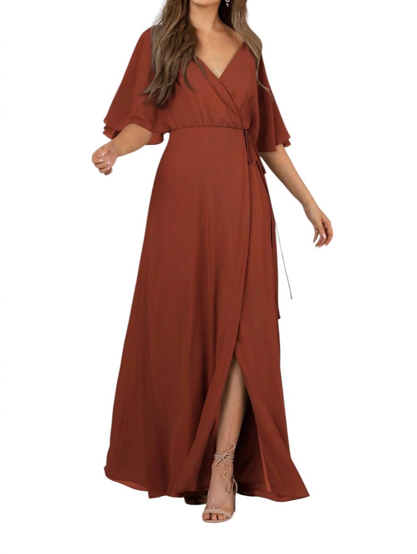 Sorella Vita - Full-Length Bridesmaid Wrap Dress with ¾ Flutter Sleeves