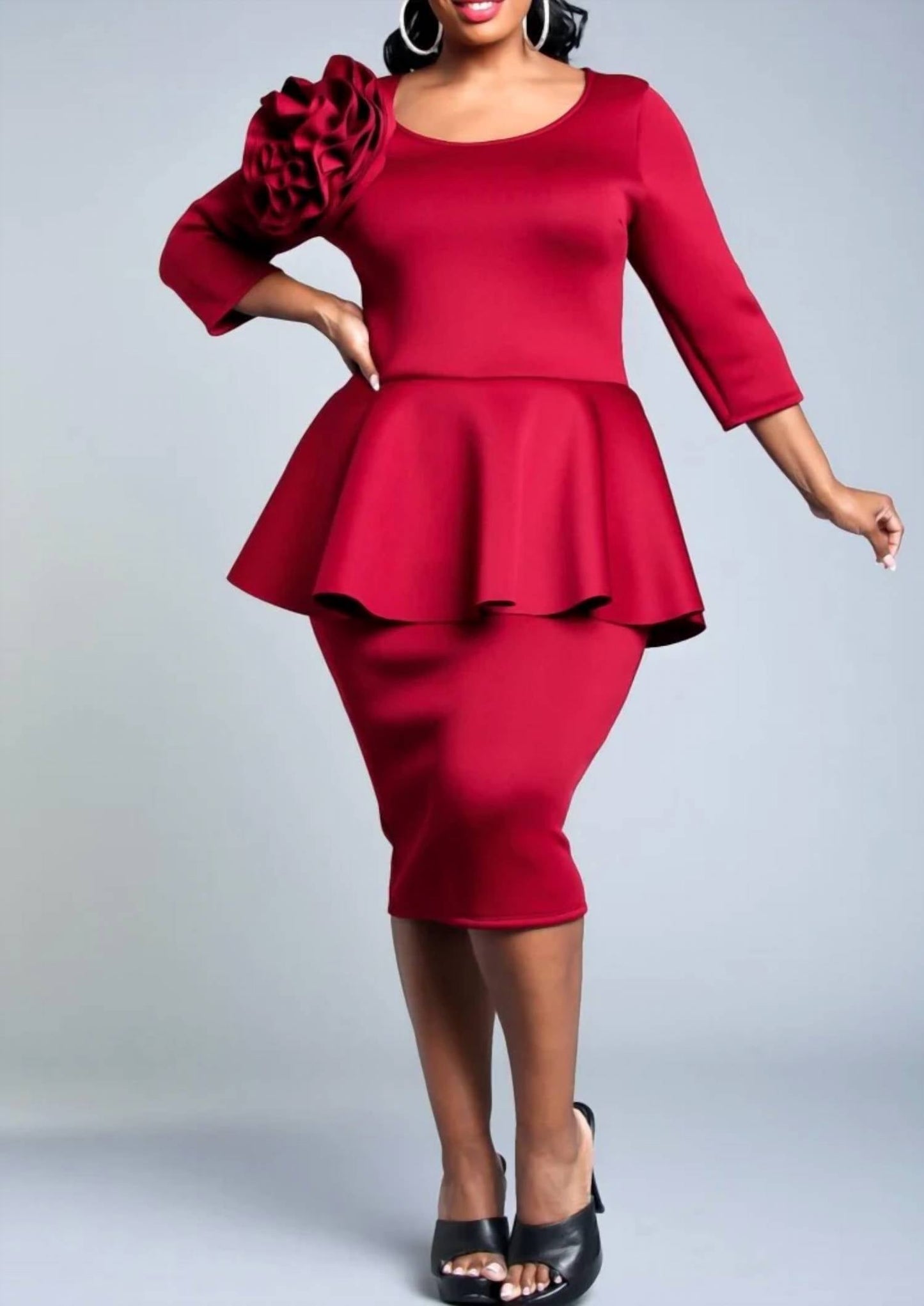 Viva Curvy - Handmade Blossomed Floral Accent Peplum Dress