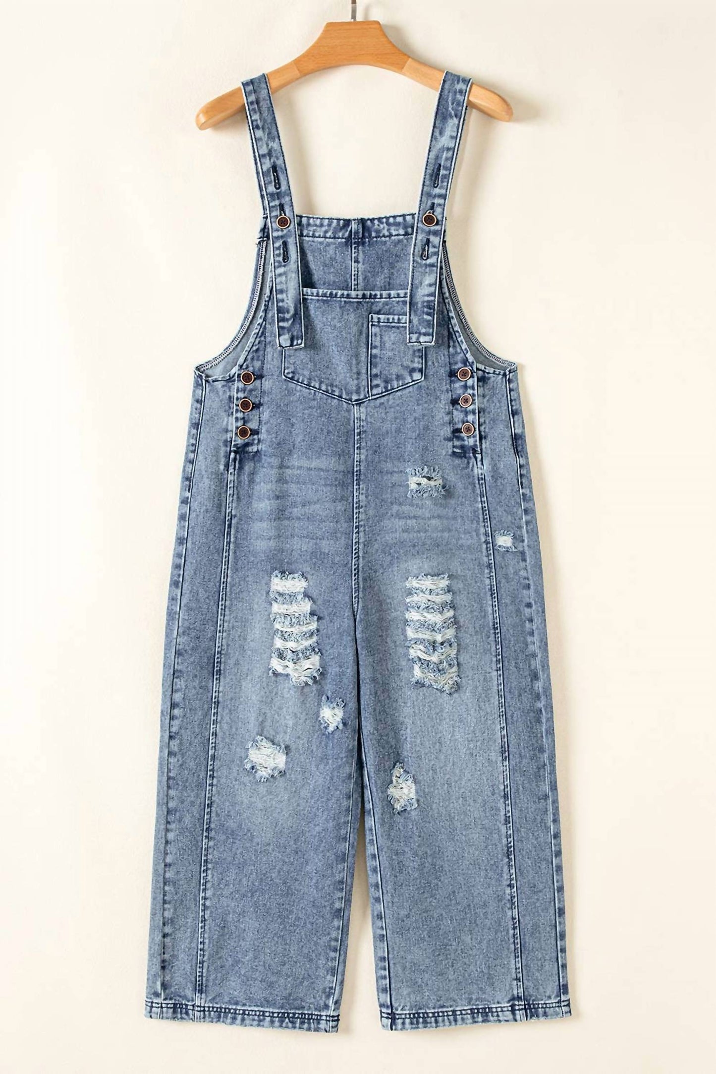 1 The Woman - Distressed Pocketed Wide Leg Capri Denim Overall