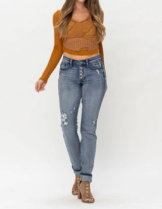 Judy Blue - Mid Rise Button Fly & Cuff Options Tall Boyfriend Denim Jeans
