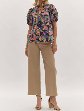 Entro - Floral Print Short Sleeve Tiered Detail Blouse