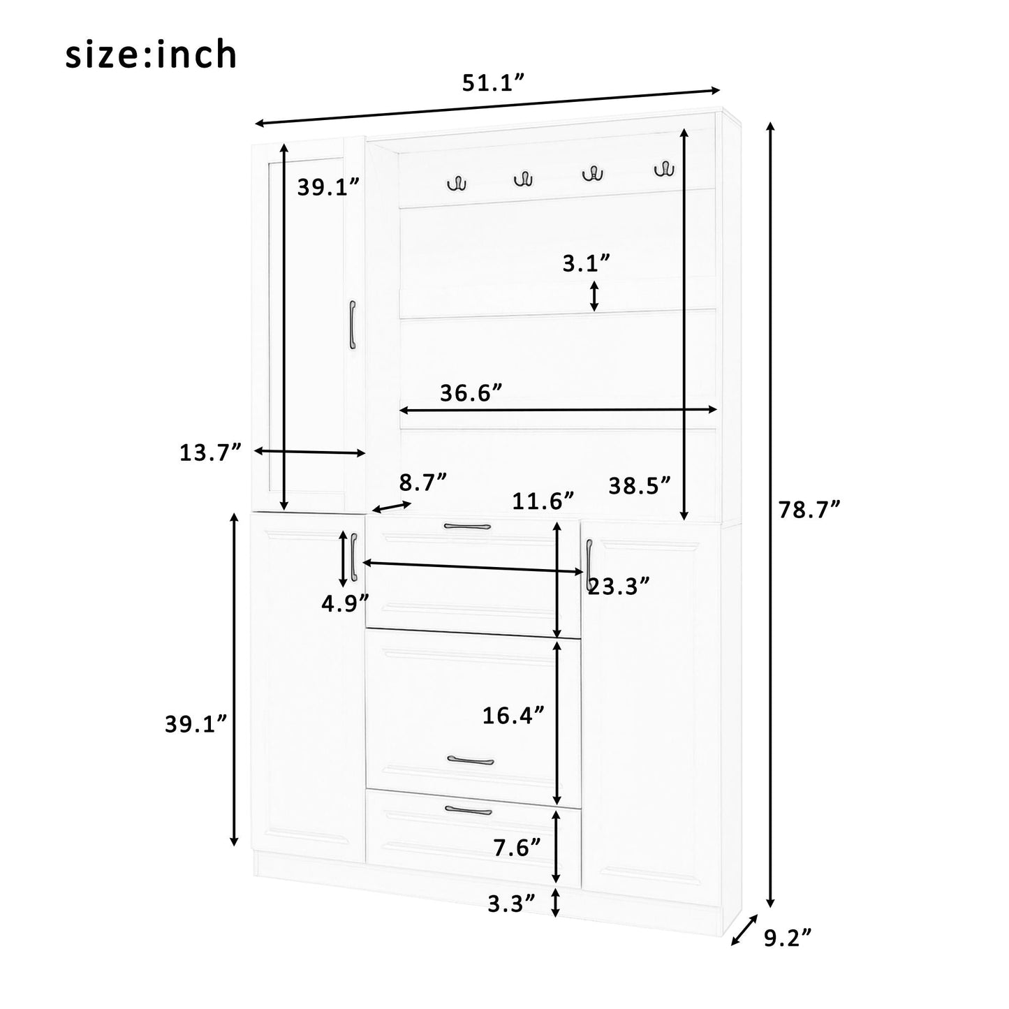 Entryway Bench With Integrated Shoe Cabinet and Mirrored Door