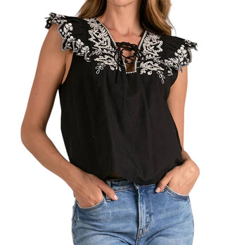 Elan - Embroidered Flutter Sleeve Top