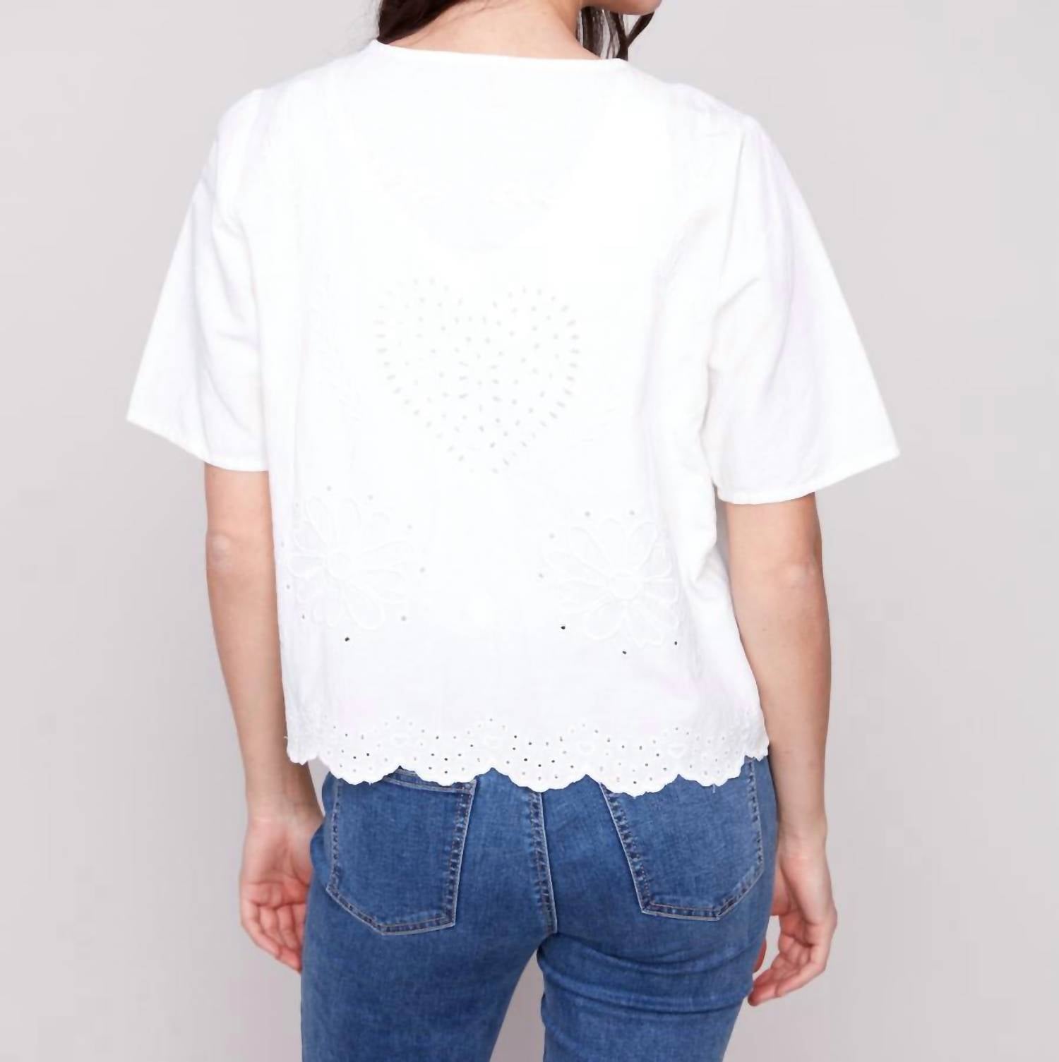 Charlie B - Elbow Sleeve V-neck Embroidered Blouse