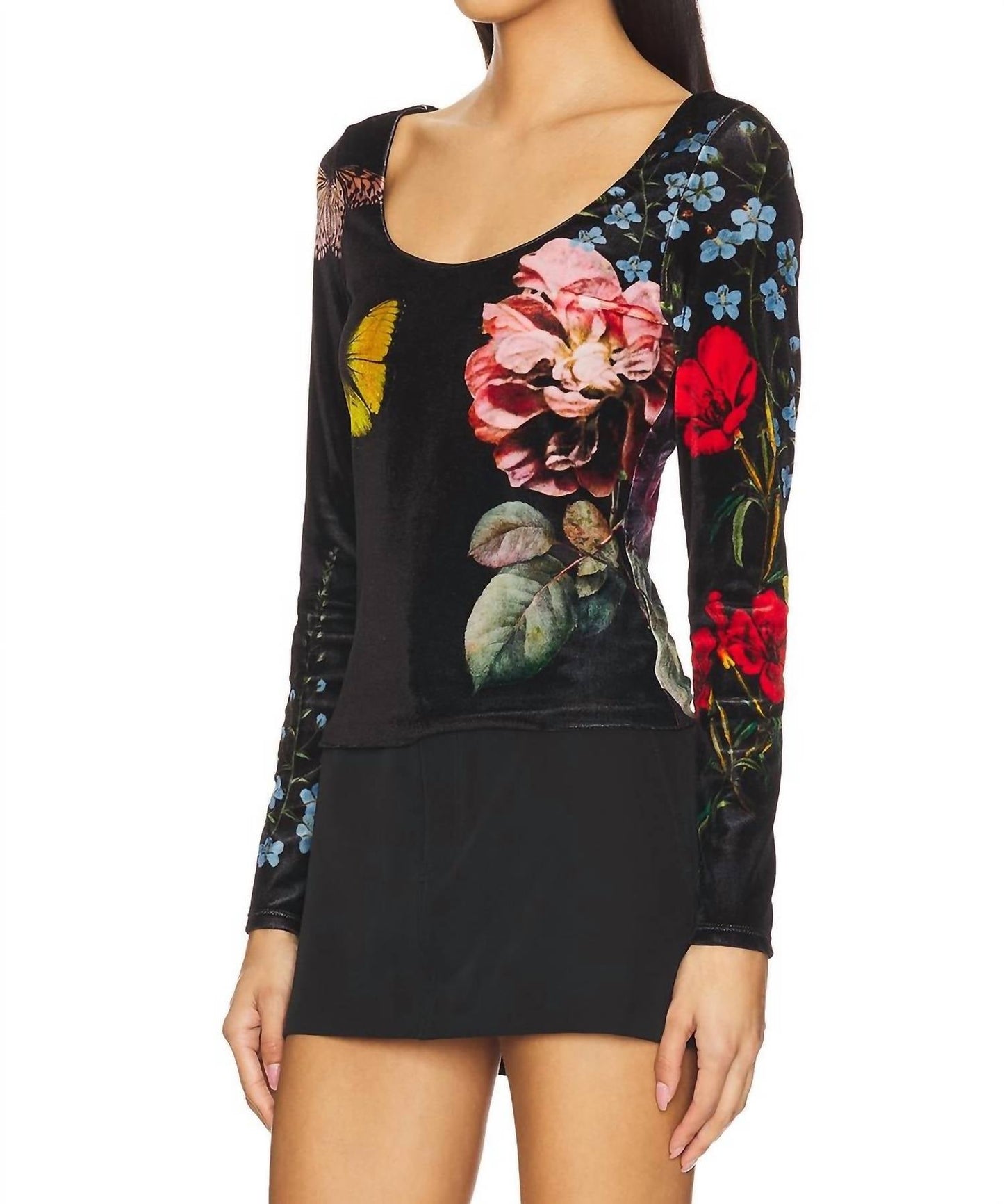 Alice + Olivia - Delaina Scoop Neck Long Sleeve Velvet Top