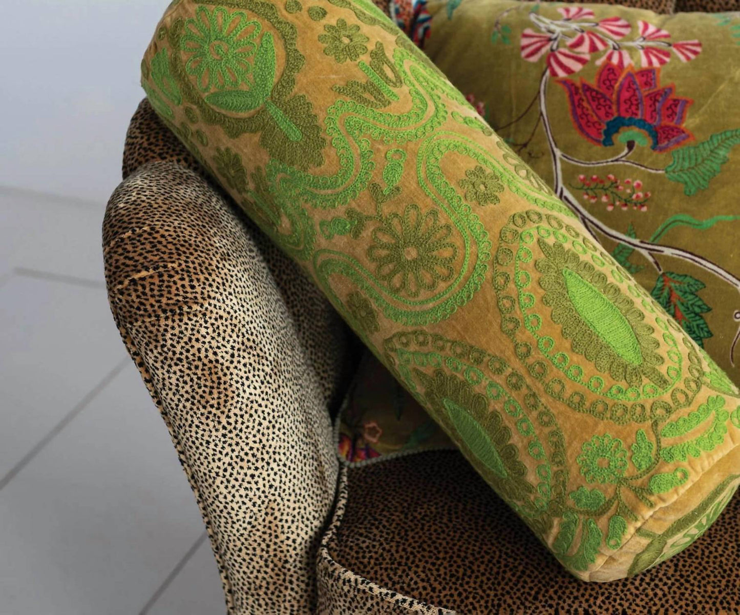 Creative Co-Op - Cotton Velvet Embroidered Bolster Pillow