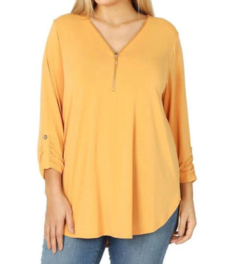 Zenana - Ity Front Zip-up 3/4 Sleeve Top - Plus