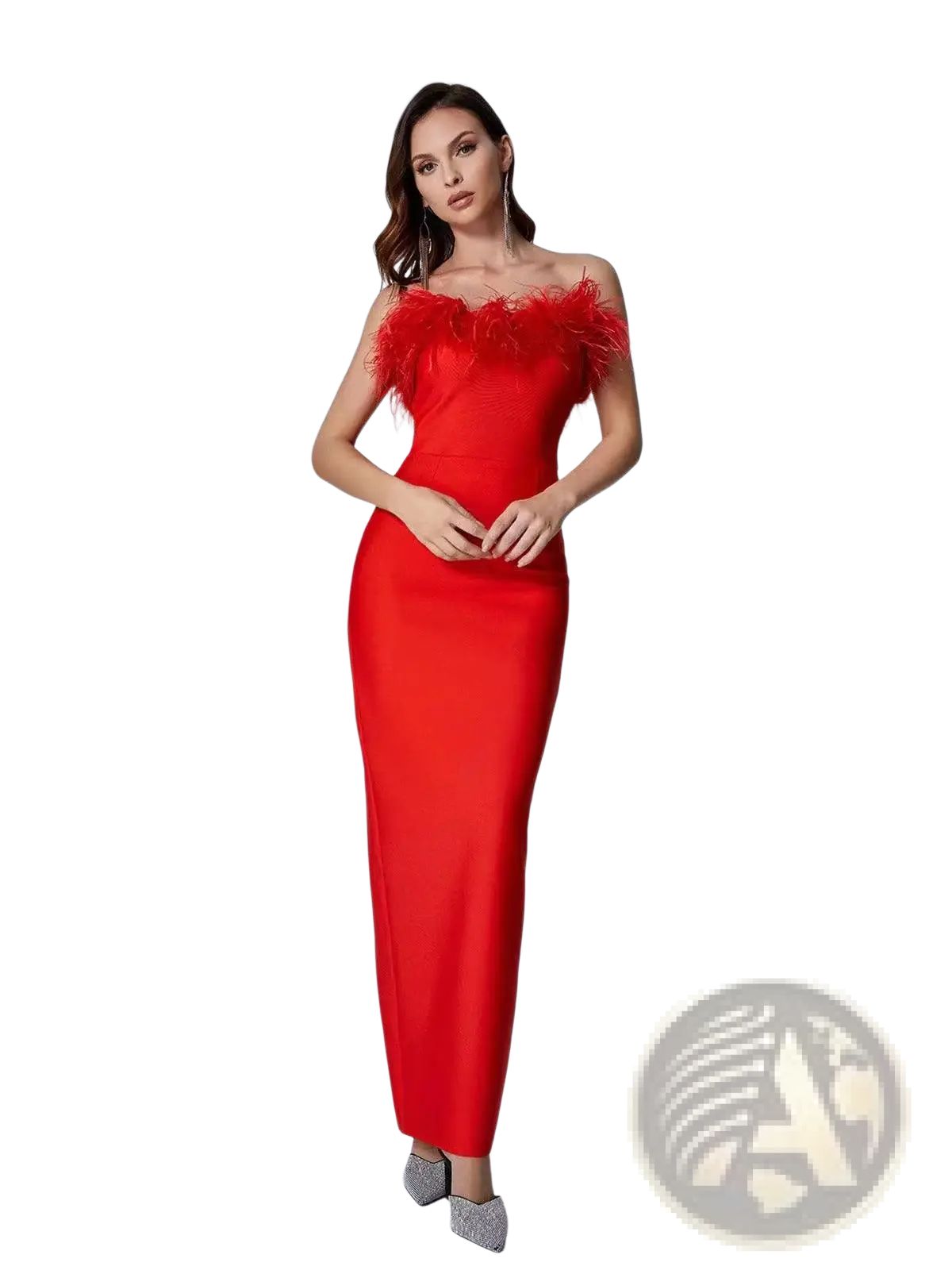 Feathered Satin Strapless Mermaid Evening Gown