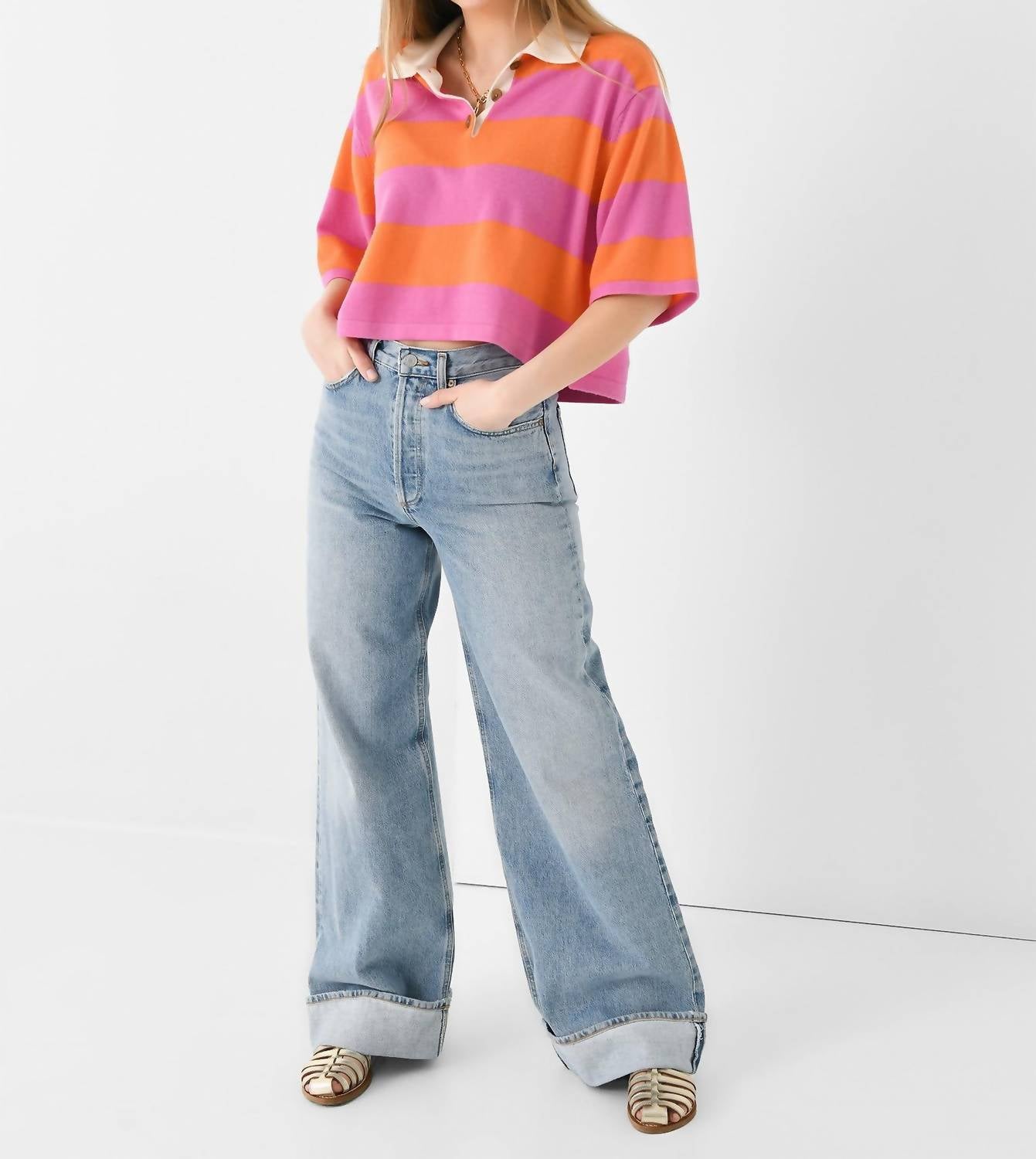 White + Warren - Cashmere Cropped Striped Polo Sweater