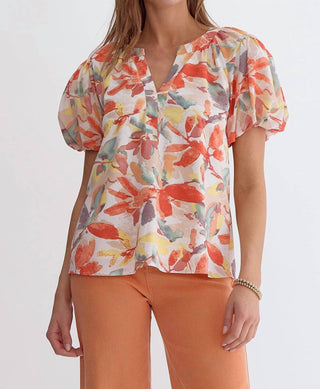 Entro - Floral Print Bubble Sleeve Blouse