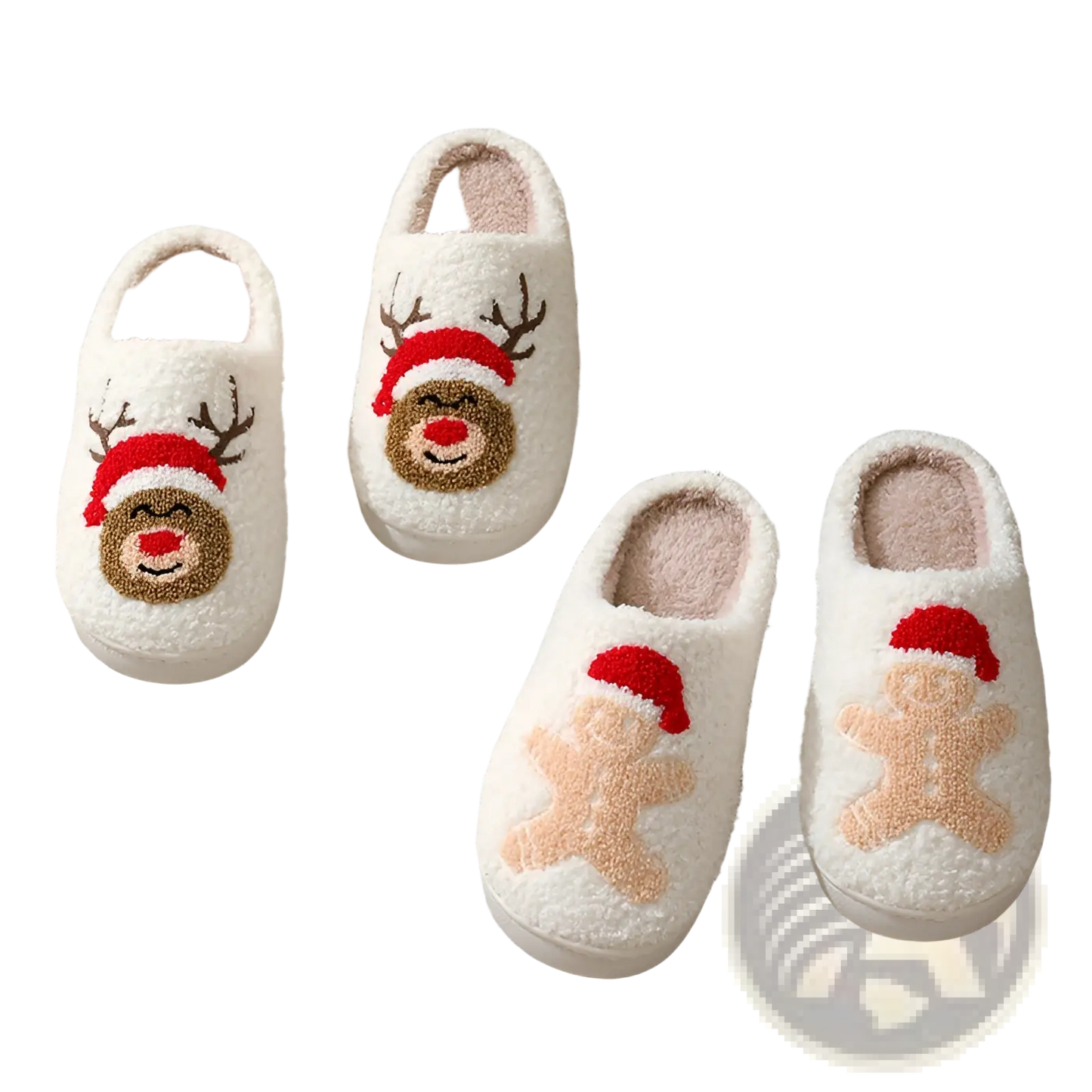 Festive Embroidered Santa and Reindeer Winter Slippers