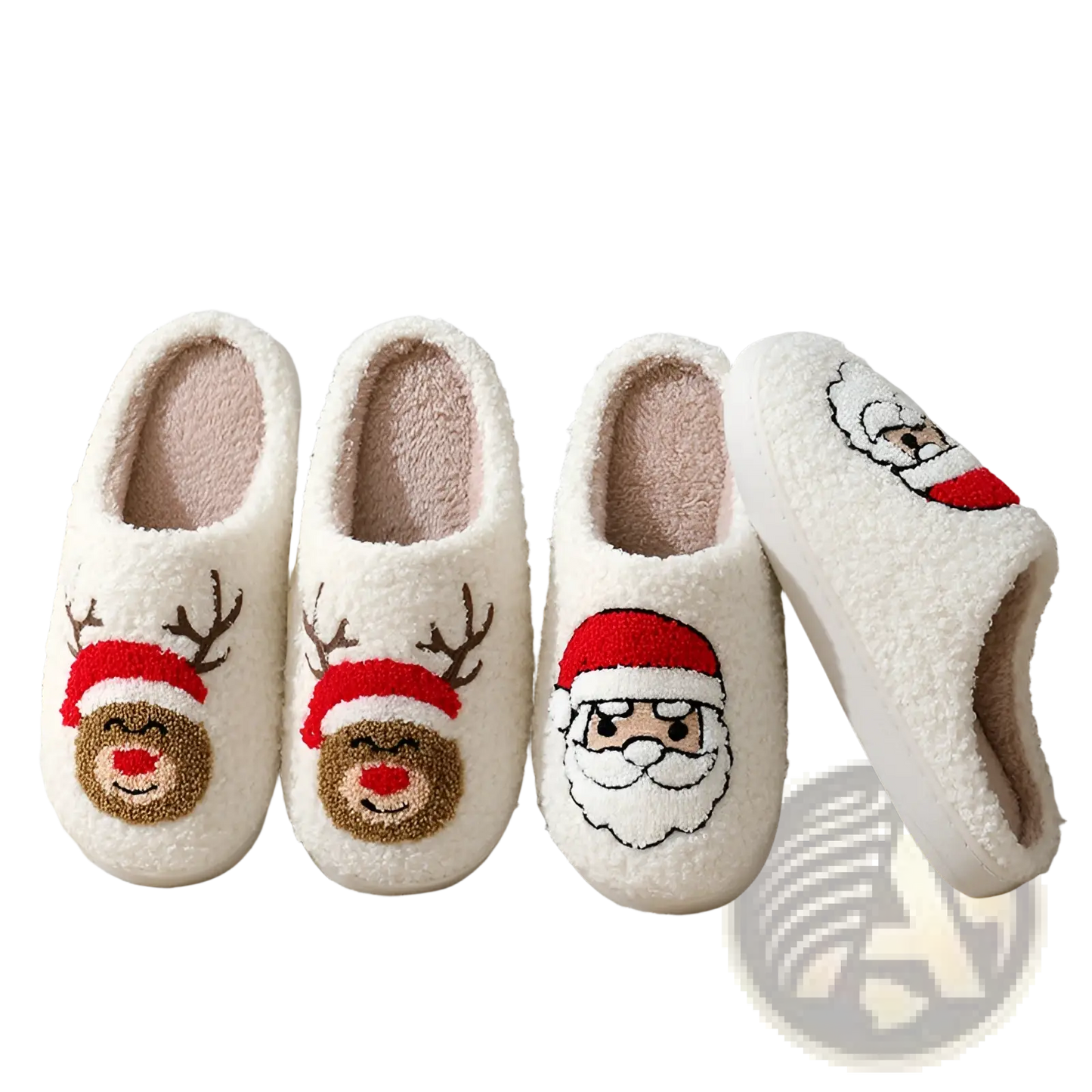 Festive Embroidered Santa and Reindeer Winter Slippers