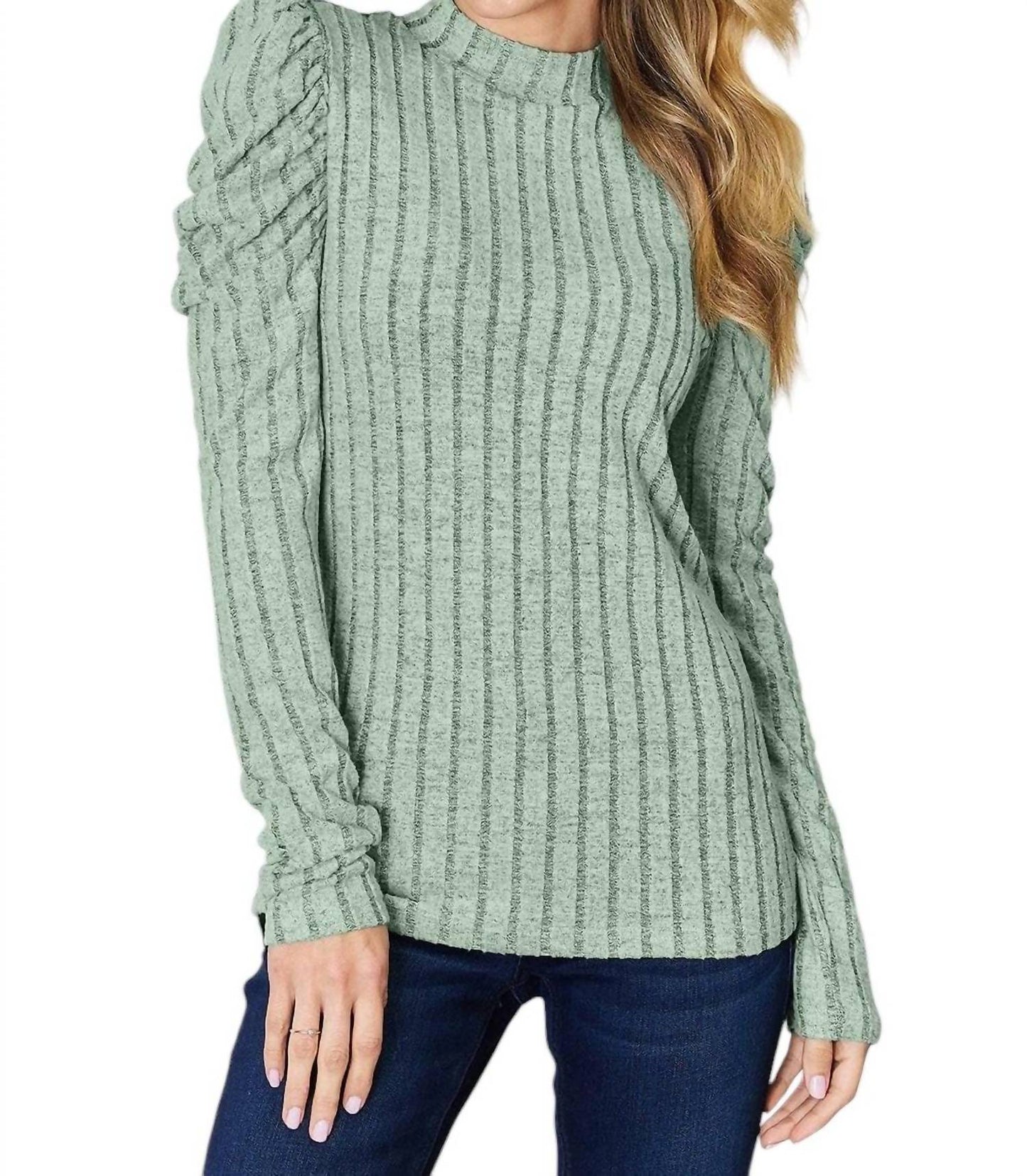 Basic Bae - Ribbed Mock Neck Top With Puff Sleeves