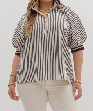 Entro - Stripe Pattern Half-zip Closure Short Puff Sleeve Top