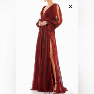 Mac Duggal - V-neck A-line Chiffon Gown Beaded Cuffs