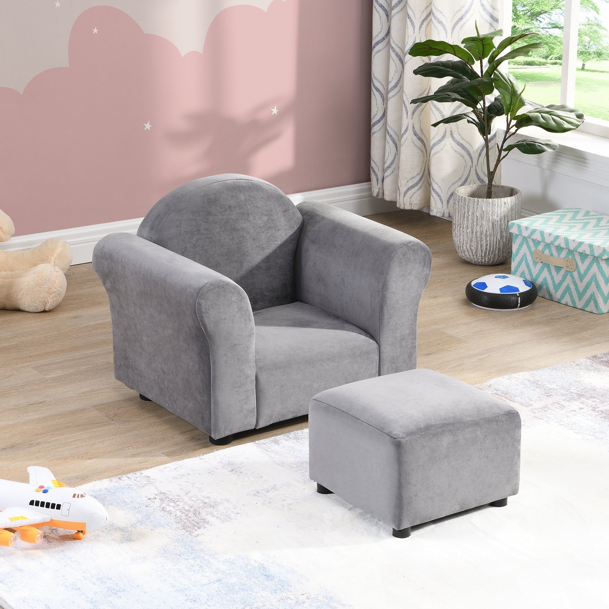 Kids Gray Velvet Upholstered Chair with Ottoman