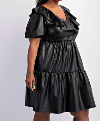 The Curve La - Plus Size Faux Leather Tiered Puff Sleeve Short Dress