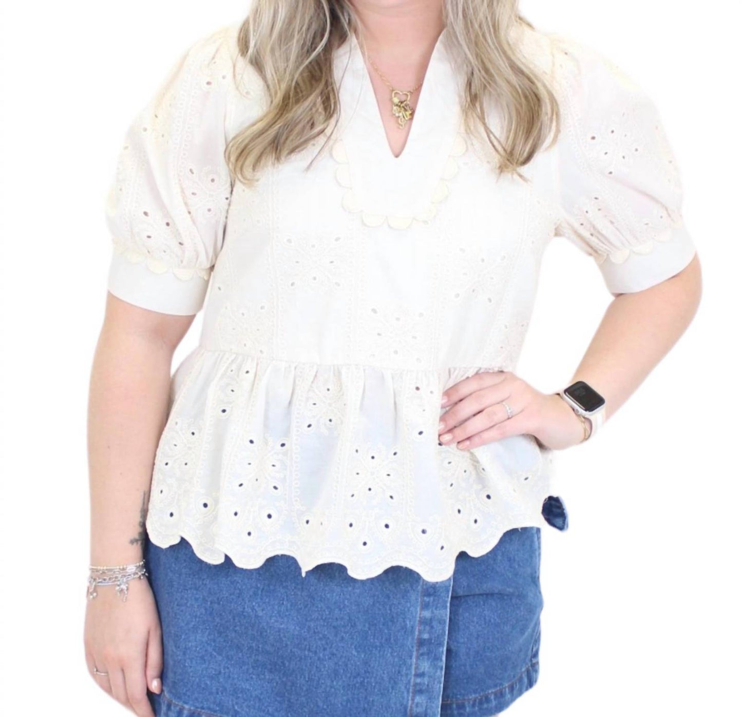 Entro - Eyelet Detail Peplum Top