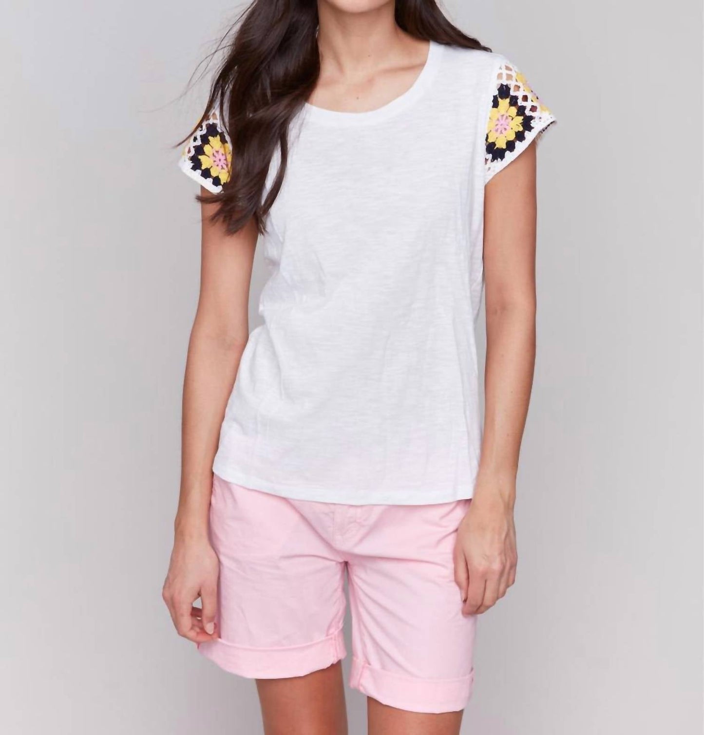Charlie B - Crew Neckline Crochet Sleeve Top