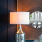 Silver Round Table Lamp with White Fabric Shade