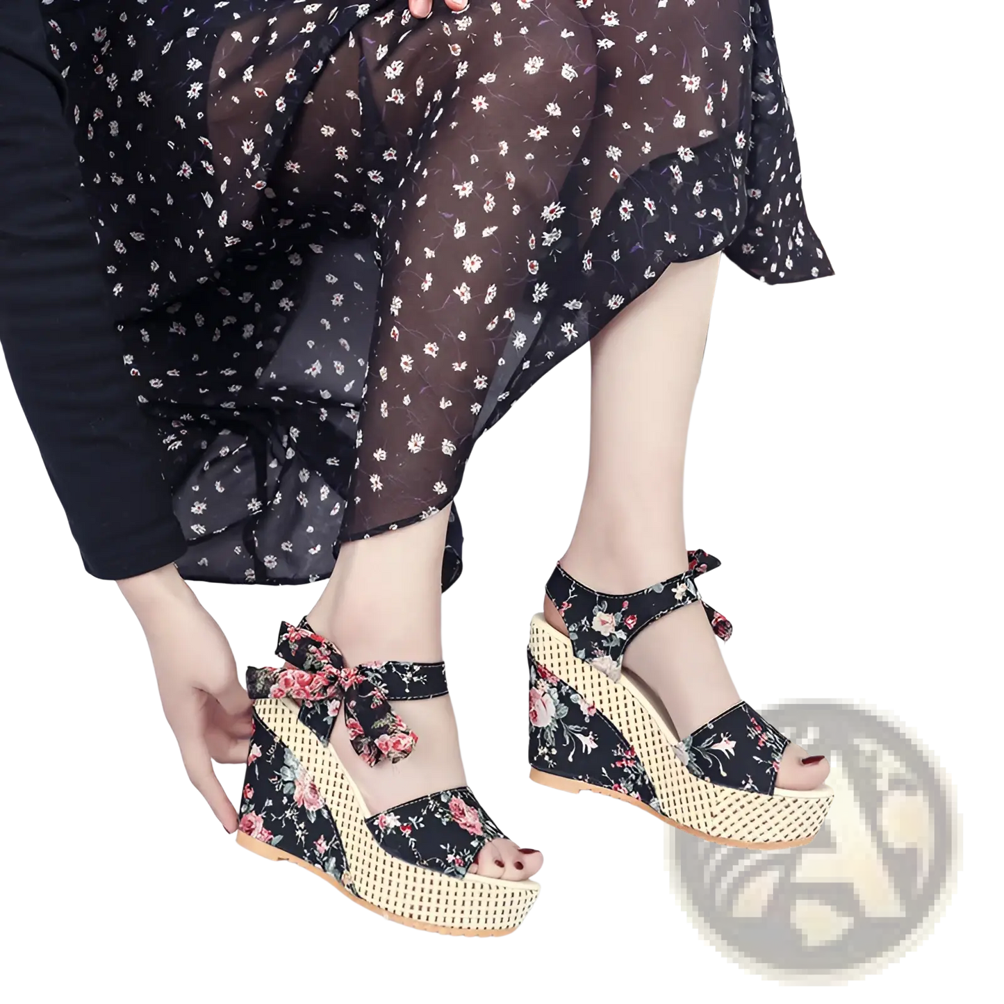 Floral Bohemian Platform Wedge Sandals with Ankle Ties