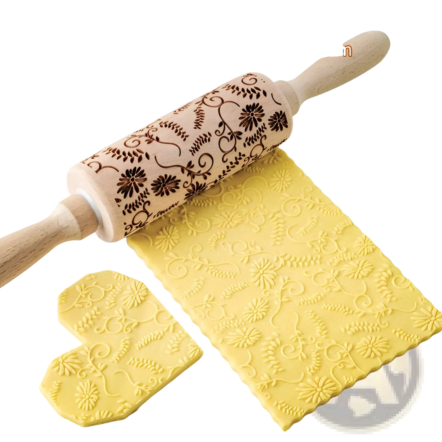 Floral Embossed Beech Wood Rolling Pin for Baking