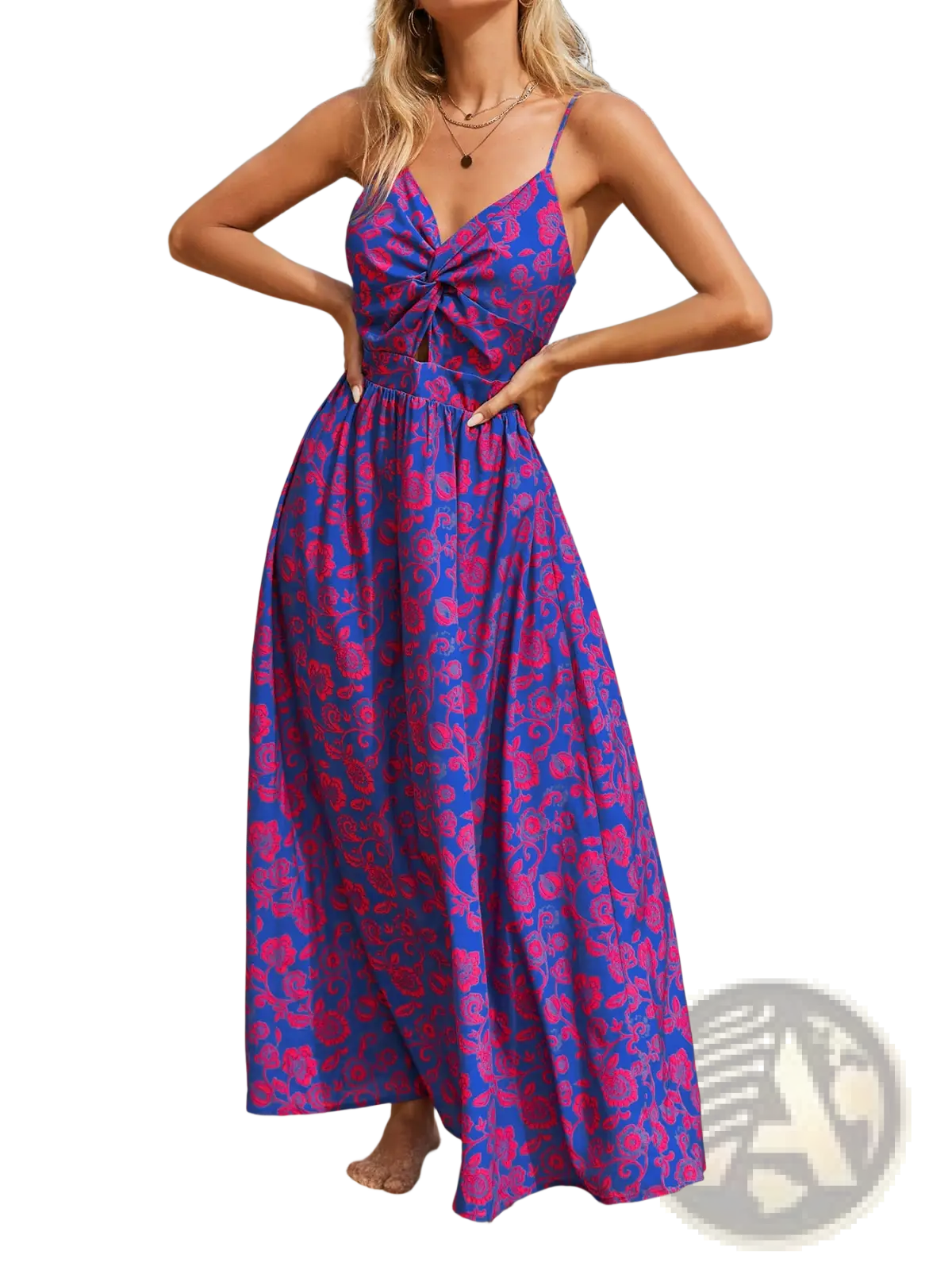 Floral Knotted v Neck Spaghetti Strap Maxi Dress