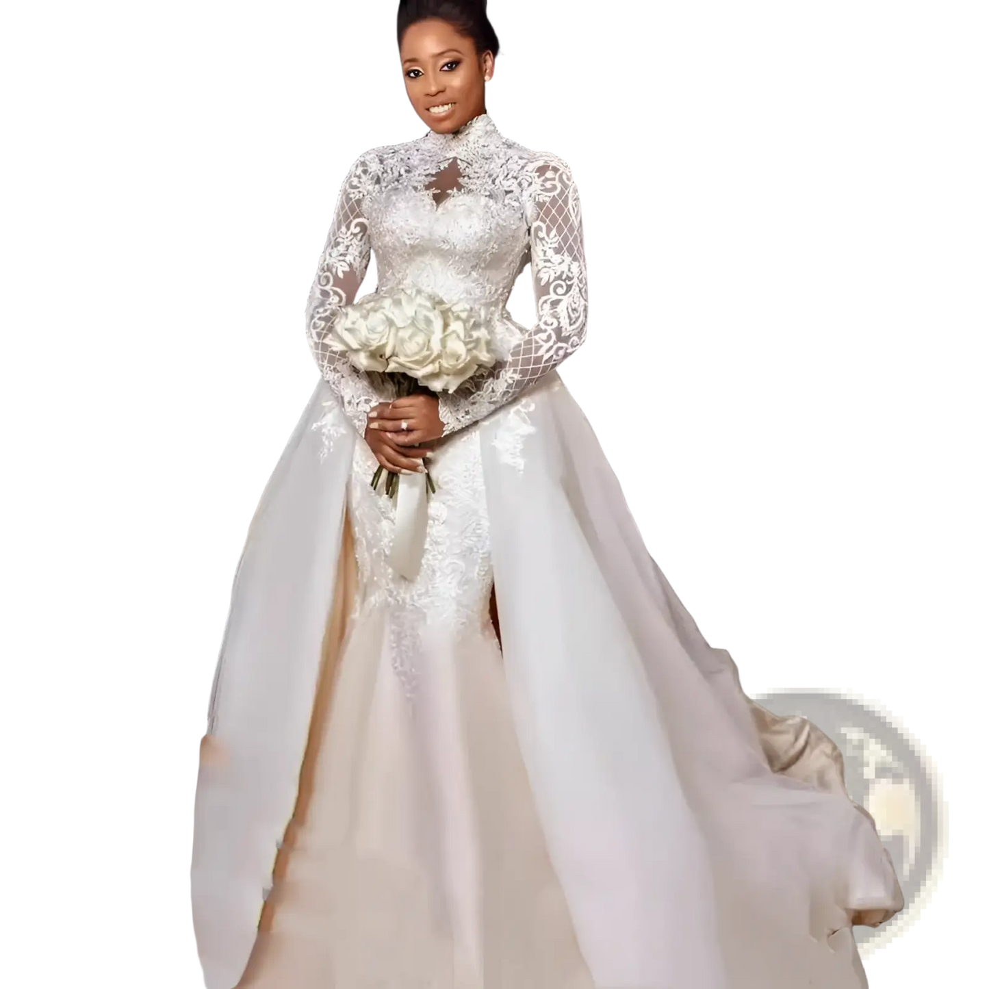 Floral Lace Stand Collar Long Sleeve Wedding Gown