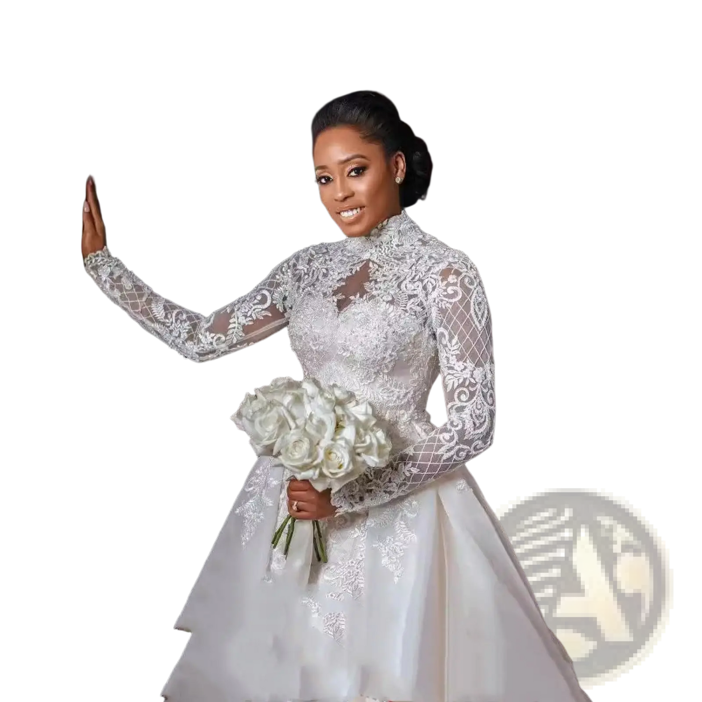 Floral Lace Stand Collar Long Sleeve Wedding Gown