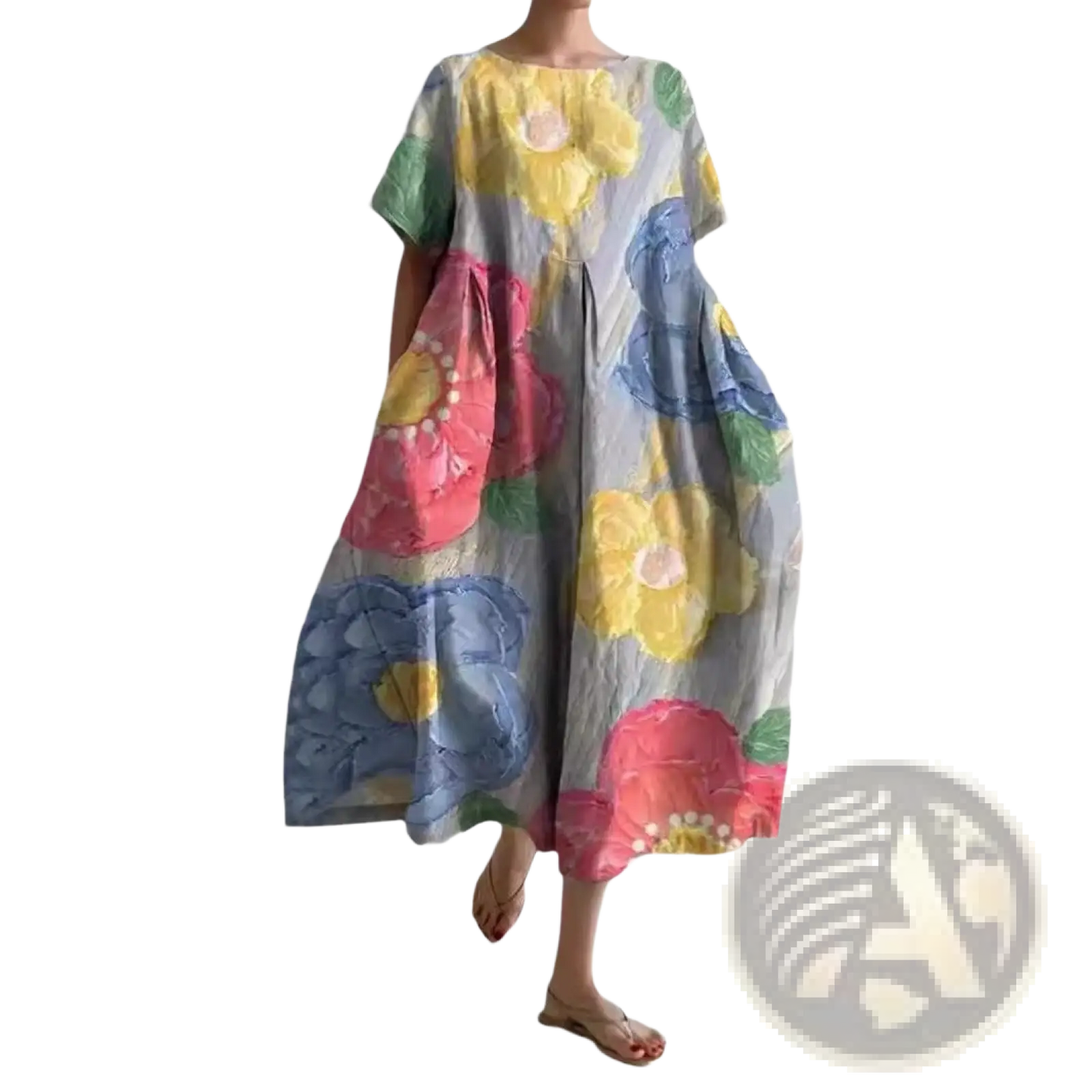 Floral Print A-line Plus Size Linen Maxi Dress