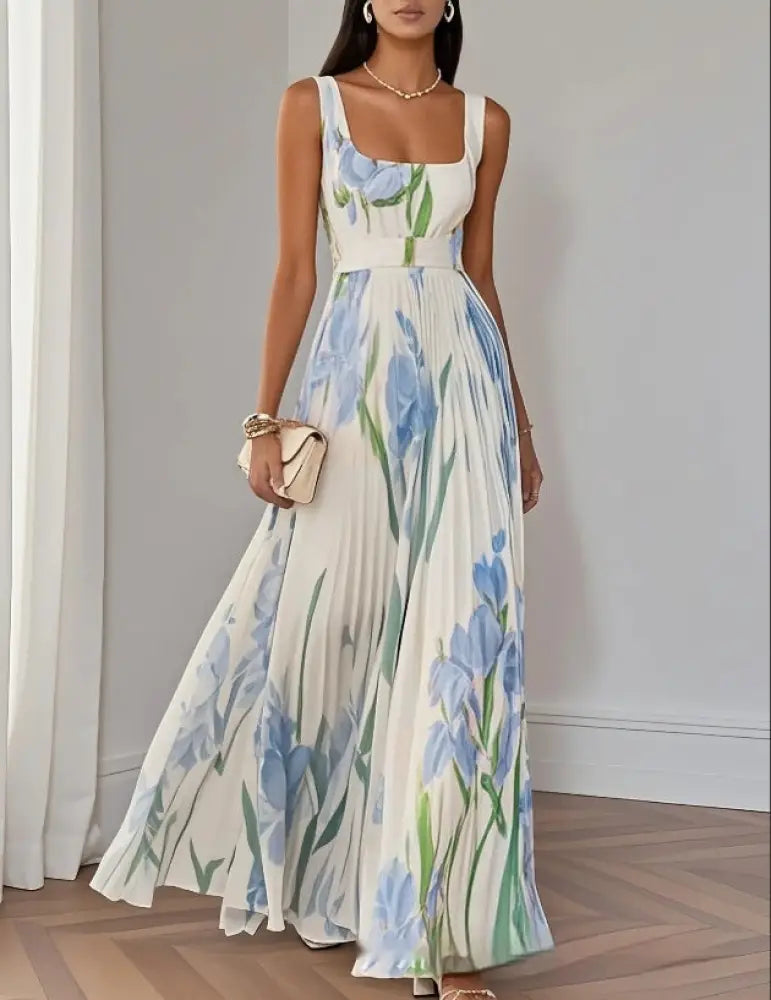 Floral Iris Pleated Square Neck Maxi Dress