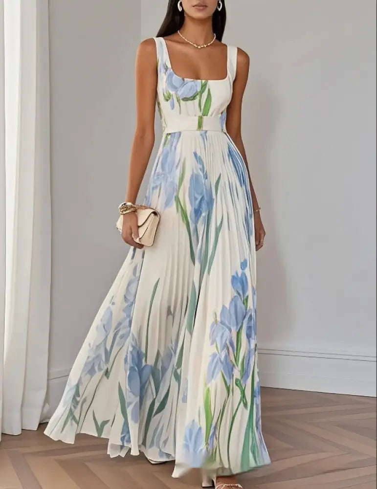 Floral Iris Pleated Square Neck Maxi Dress