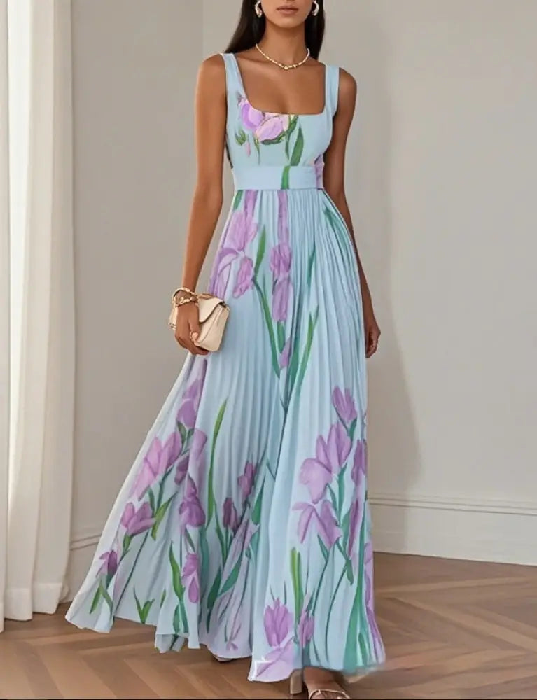 Floral Iris Pleated Square Neck Maxi Dress