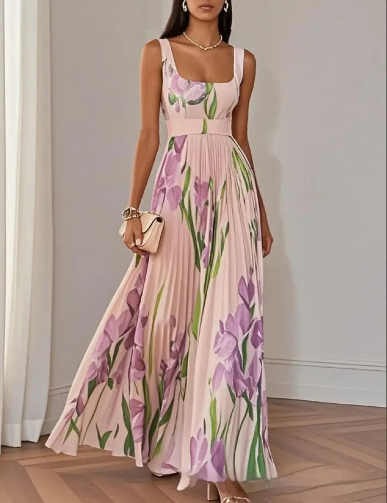 Floral Iris Pleated Square Neck Maxi Dress