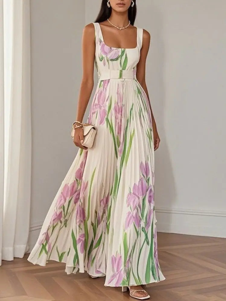 Floral Iris Pleated Square Neck Maxi Dress