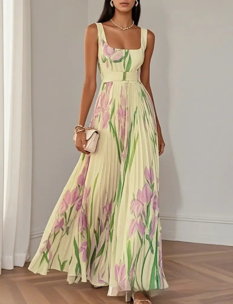 Floral Iris Pleated Square Neck Maxi Dress