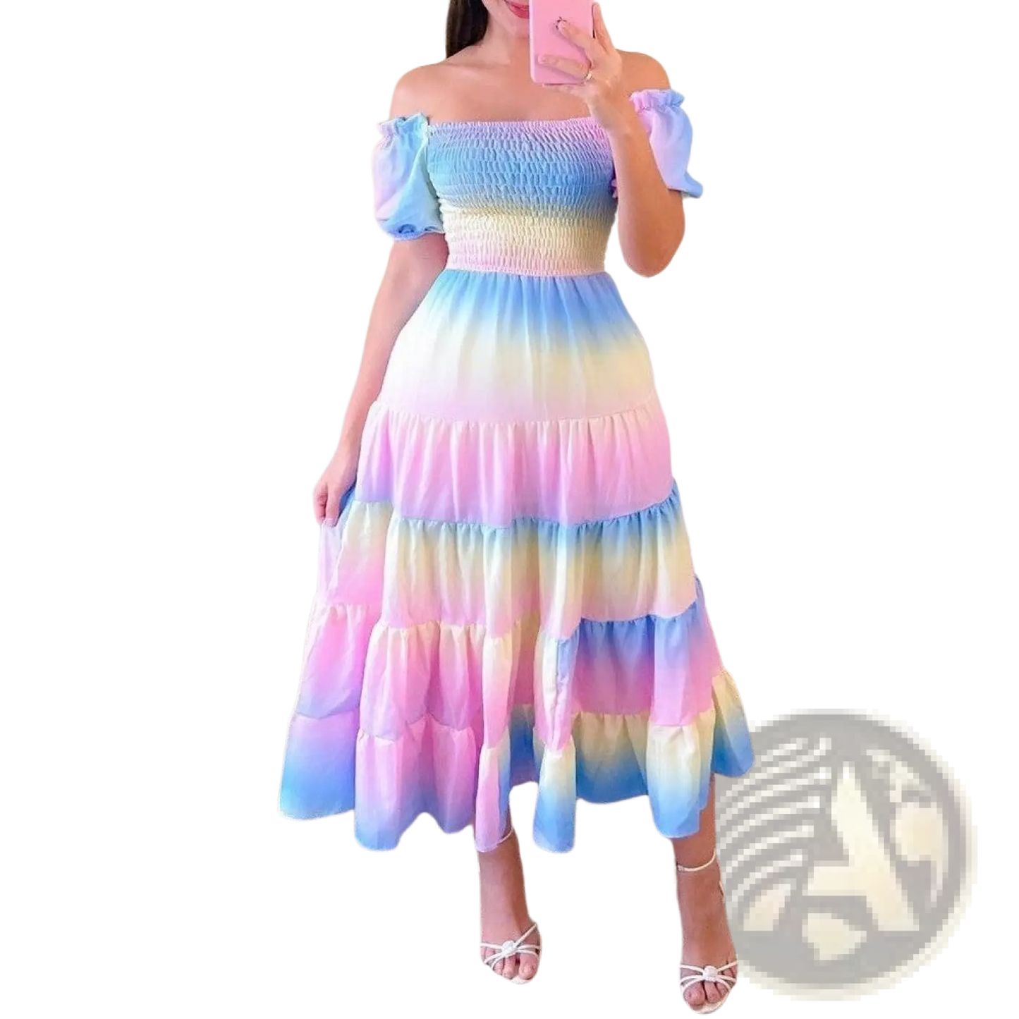 Floral Print Smocked Tiered Midi Dress with Square Neckline