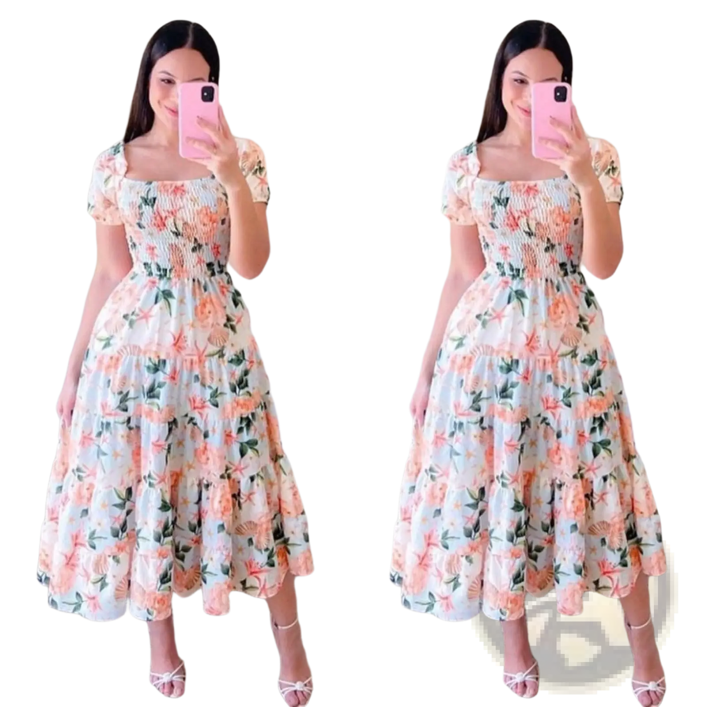 Floral Print Smocked Tiered Midi Dress with Square Neckline