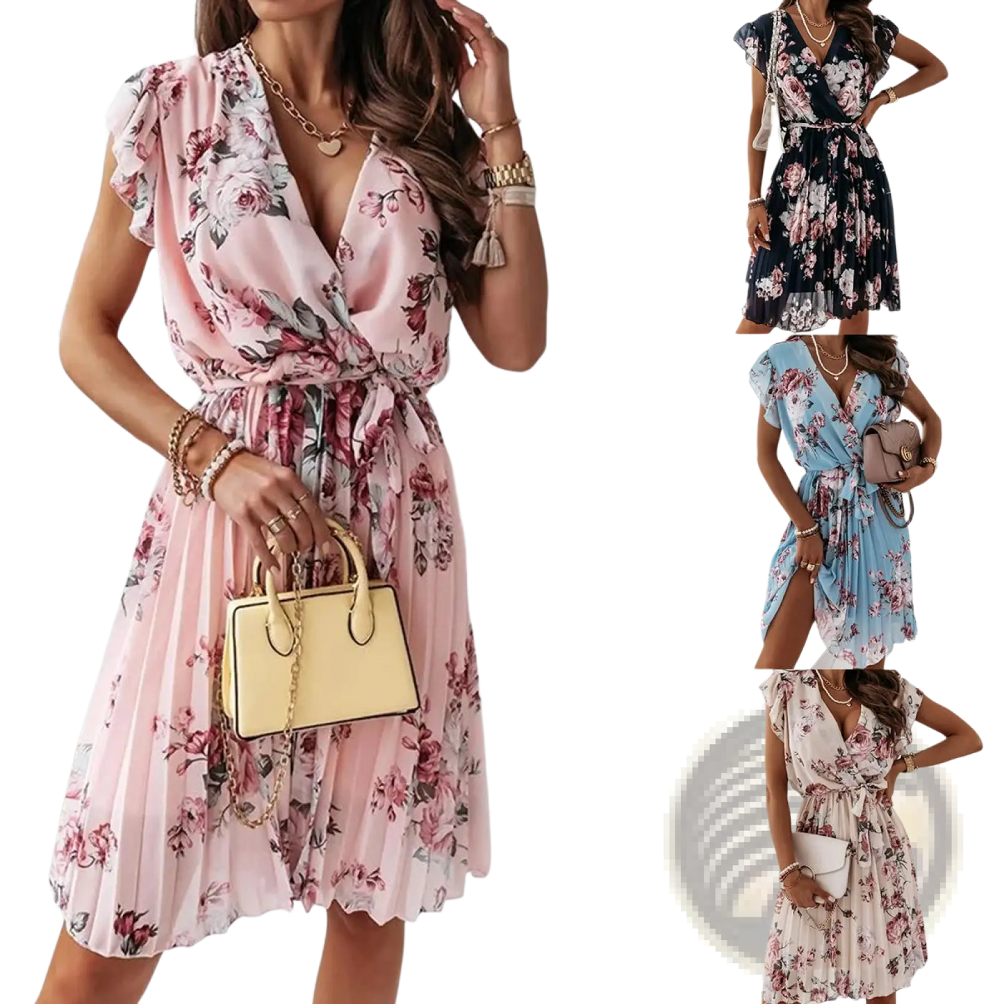 Floral Ruffle Wrap Dress with Pleated Skirt