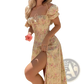 Floral Square Neck Puff Sleeve Midi Slit Dress