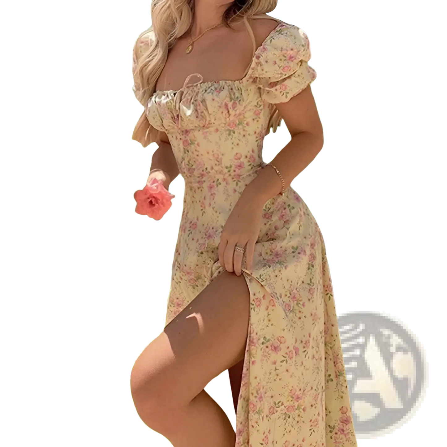 Floral Square Neck Puff Sleeve Midi Slit Dress