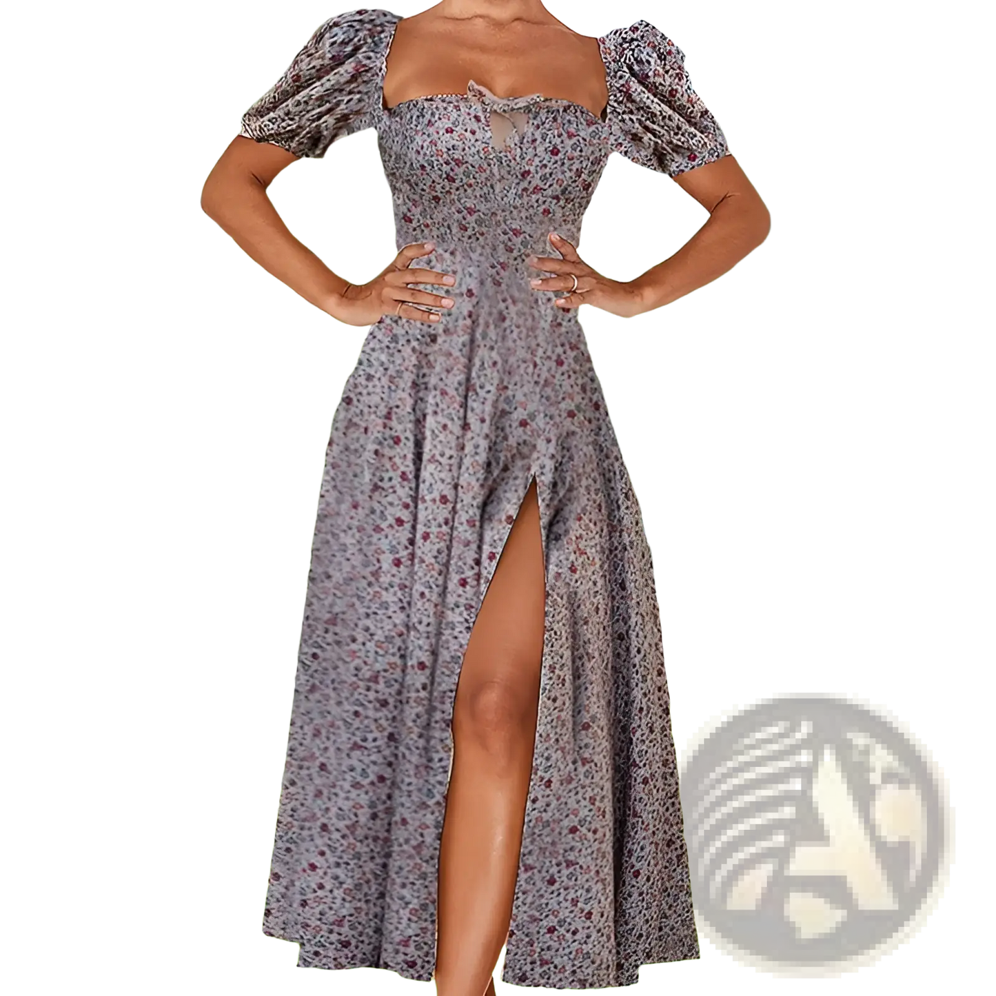 Floral Square Neck Puff Sleeve Midi Slit Dress